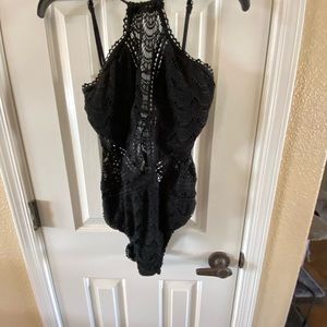 Becca black lace crochet one piece swimsuit